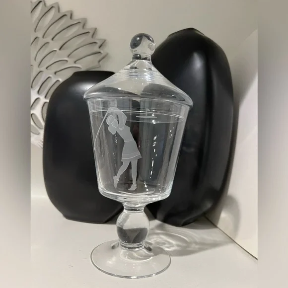 Vintage Woman Playing Golf Etched Art Glass Lidded Apothecary Candy Dish Rare - Picture 2 of 8